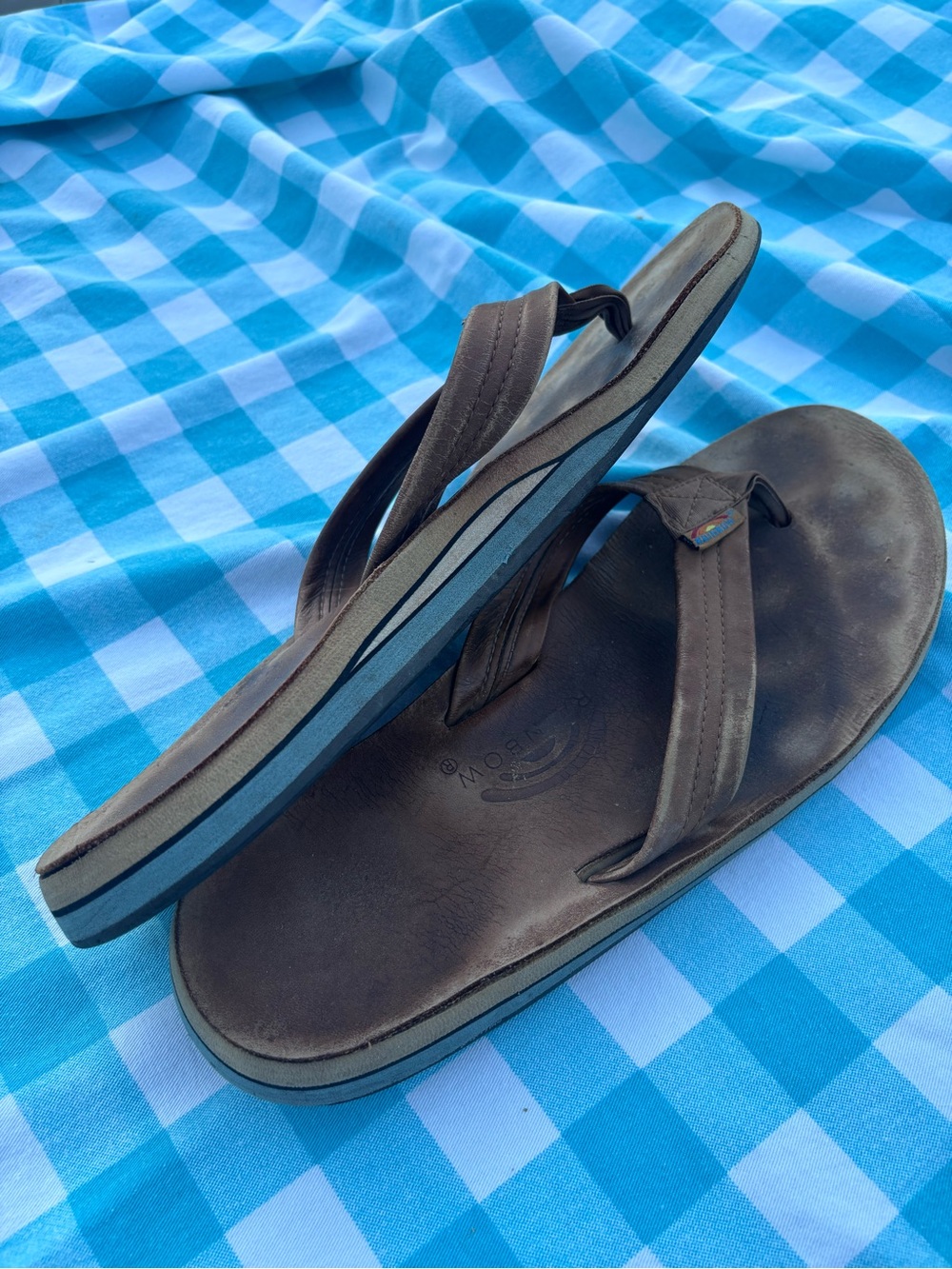 Rainbow Men's Brown Leather Flip-Flops with Blue-Trim Sole
